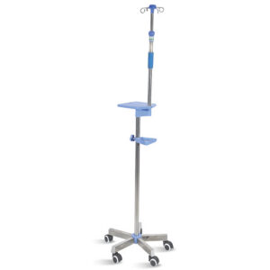 I.V.STAND ON 5 WHEELS TROLLEY with handle and shelf - stainless steel - 4 hooks