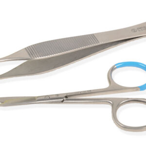 Kit de sutura estéril desechable con tijeras de ligadura Spencer rectas (9 cm) y pinzas de tejido Adson dentadas (12 cm) – Instrumental metálico de acero inoxidable – Caja de 25 kits – Ref. GIMA 38951