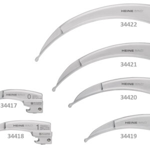 Láminas de laringoscopio HEINE Classic+ F.O. pediátricas PAED 0 / PAED 1 / MAC 0 – Fibra óptica HiLite®, compatibles ISO 7376 Green System