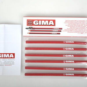 Lápices dermatográficos quirúrgicos GIMA de madera de cedro con mina de cera – Azul, blanco, rojo y colores surtidos, caja de 6 uds. con sacapuntas (Refs. GM33175, GM33176, GM33177, GM33178)