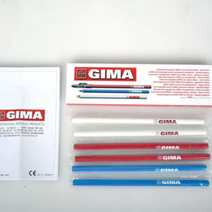 Lápices dermatográficos quirúrgicos GIMA de madera de cedro con mina de cera – Azul, blanco, rojo y colores surtidos, caja de 6 uds. con sacapuntas (Refs. GM33175, GM33176, GM33177, GM33178)