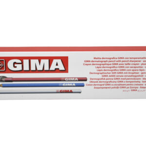 Lápices dermatográficos quirúrgicos GIMA de madera de cedro con mina de cera – Azul, blanco, rojo y colores surtidos, caja de 6 uds. con sacapuntas (Refs. GM33175, GM33176, GM33177, GM33178)