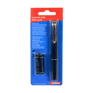 Linterna de Exploración "ALFA" GIMA – Cuerpo de Plástico Azul, Luz de Bombilla, 2 Pilas AAA y Encendido por Clip de Bolsillo (Ref. 25626)