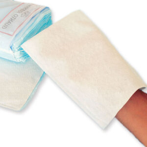 Manopla de higiene desechable para lavado de pacientes GIMA 36661 – Curacell y PE impermeable, 16,5×22 cm, caja de 1.000 uds.