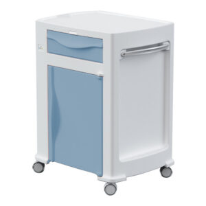 Mesa de cama hospitalaria OLYMPUS GIMA – Mesita clínica de polietileno con cajones, bandeja giratoria 360° y ruedas (Ref. 43550)