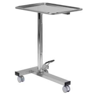 Mesa de Mayo hidráulica en forma de T con bandeja giratoria 360° – Carro de instrumental de quirófano en acero inoxidable AISI 304 (GIMA, Ref. 45835)