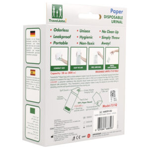 Orinal desechable TRAVELJOHN™ en papel 800 cc GIMA 25879 – Bolsa de orina portátil con adaptador unisex flexible y gel absorbente LIQSORB® (SKU GM25879)