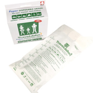 Orinal desechable TRAVELJOHN™ en papel 800 cc GIMA 25879 – Bolsa de orina portátil con adaptador unisex flexible y gel absorbente LIQSORB® (SKU GM25879)