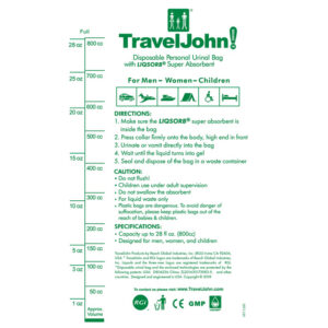 Orinal desechable TRAVELJOHN™ en papel 800 cc GIMA 25879 – Bolsa de orina portátil con adaptador unisex flexible y gel absorbente LIQSORB® (SKU GM25879)