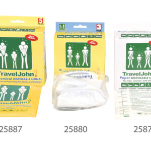 Orinal desechable TRAVELJOHN™ en papel 800 cc GIMA 25879 – Bolsa de orina portátil con adaptador unisex flexible y gel absorbente LIQSORB® (SKU GM25879)