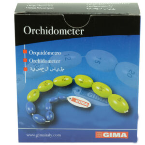 Orquidómetro de madera GIMA – 12 cuentas numeradas (1–25 mm) para valoración testicular pediátrica