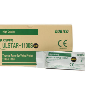 Papel térmico para videoimpresora DURICO compatible Mitsubishi K61S / KP61S / KP61B – Rollo 110 mm × 20 m, calidad estándar – Caja de 5 rollos – Ref. GIMA 72751