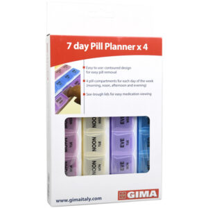 Pastillero semanal 7 días, 4 tomas diarias GIMA Quick Planner – 28 compartimentos translúcidos (Ref. GM41505-F)