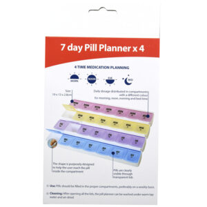 Pastillero semanal 7 días, 4 tomas diarias GIMA Quick Planner – 28 compartimentos translúcidos (Ref. GM41505-F)