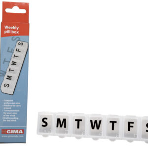 Pastillero semanal GIMA referencia 25830 – 7 compartimentos, tamaño 14,5x3x2 cm, transparente con caja colgante