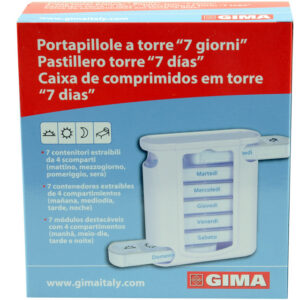 Pastillero semanal tipo torre 7 días x 4 tomas diarias GIMA – 28 compartimentos translúcidos con etiquetado en inglés/francés (GB, FR) – Ref. 25751