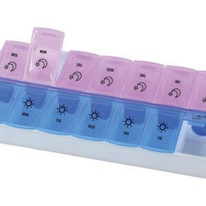 Pastillero semanal TWICE A DAY de 2 tomas diarias con 14 compartimentos translúcidos y códigos de color (Ref. GM41500) – GIMA