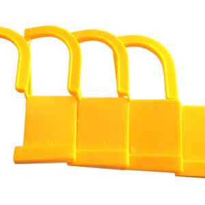 Precinto de seguridad de plástico para contenedores de esterilización GIMA – Sello de garantía con pin de 2,7 cm conforme a ISO 11140 (Ref. GM37330, GM37340, GM37341) · Caja de 100 unidades