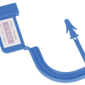 Precinto de seguridad plástico azul con indicador de vapor para contenedores de instrumental – Pin de 2,7 cm, conforme a ISO 11140 Tipo 1 (GIMA, Ref. GM37332) · Caja de 100 uds