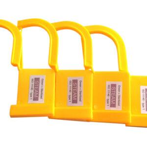 Precinto de seguridad plástico azul con indicador de vapor para contenedores de instrumental – Pin de 2,7 cm, conforme a ISO 11140 Tipo 1 (GIMA, Ref. GM37332) · Caja de 100 uds