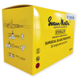 Retirador de hojas de bisturí estéril Swann-Morton (Ref. 22455) – Extracción segura para mangos n.º 3 y n.º 4 – Caja de 50 uds
