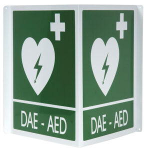Señal DAE-AED de aluminio de doble cara 34x36 cm para desfibriladores · GIMA (Ref. 35327)