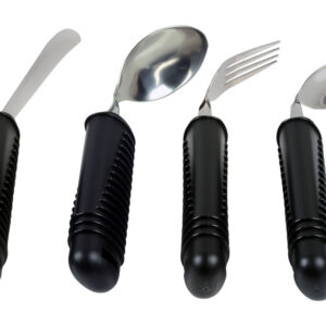 Set de Cubertería Adaptable Doblable (Bendable) de Acero Inoxidable con Mango de Goma Estriada 11 cm – Cuchillo, Tenedor y 2 Cucharas | GIMA Ref. 28921