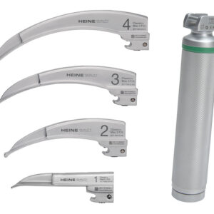 Set de laringoscopio HEINE CLASSIC+ LED de fibra óptica – 4 hojas (Paed 1, Mac 2, Mac 3, Mac 4) con mango LED HQ 2,5 V – F-120.18.860