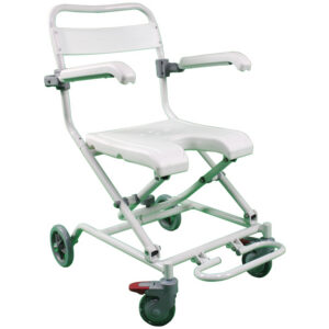 Silla de ducha plegable con ruedas, estructura de aluminio y asiento de plástico – GIMA (Ref. 42915, 100 kg)