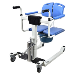 Silla de transferencia hidráulica para pacientes en acero con 3 asientos intercambiables (WC, ducha y acolchado) y capacidad de 125 kg · GIMA (Ref. 43430)