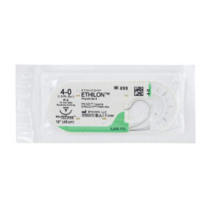 Sutura ETHICON ETHILON Monofilamento No Absorbible (Nylon/Poliamida) · Calibres USP 4/0 y 3/0 · Aguja atraumática 3/8 de círculo (P-3, FS-2, PS-2) · Hilo negro 45 cm · Caja de 36 uds