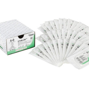 Sutura ETHICON ETHILON Monofilamento No Absorbible (Nylon/Poliamida) · Calibres USP 4/0 y 3/0 · Aguja atraumática 3/8 de círculo (P-3, FS-2, PS-2) · Hilo negro 45 cm · Caja de 36 uds