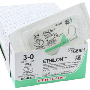 Sutura ETHICON ETHILON Monofilamento No Absorbible (Nylon/Poliamida) · Calibres USP 4/0 y 3/0 · Aguja atraumática 3/8 de círculo (P-3, FS-2, PS-2) · Hilo negro 45 cm · Caja de 36 uds