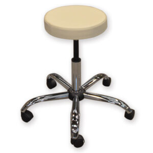 Taburete médico regulable con asiento acolchado de polipiel ignífuga beige | Ø 33 cm, altura 47-57 cm, base metálica con 5 ruedas | Ref. GIMA 45204 (STOOL 5)