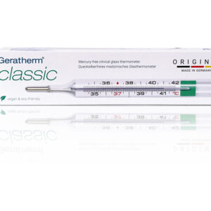 Termómetro Clínico de Vidrio sin Mercurio Geratherm Classic (GIMA 25529) | Galinstan, Expositor Multilingüe de 24 uds. – Europa Occidental (Español, Francés, Alemán)