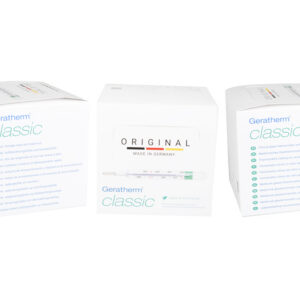 Termómetro Clínico de Vidrio sin Mercurio Geratherm Classic (GIMA 25529) | Galinstan, Expositor Multilingüe de 24 uds. – Europa Occidental (Español, Francés, Alemán)