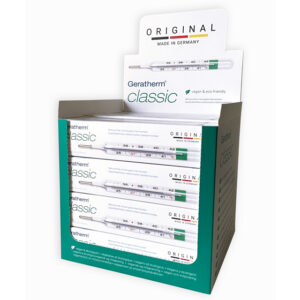 Termómetro Clínico de Vidrio sin Mercurio Geratherm Classic (GIMA 25529) | Galinstan, Expositor Multilingüe de 24 uds. – Europa Occidental (Español, Francés, Alemán)