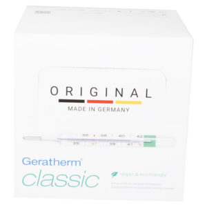 Termómetro Clínico de Vidrio sin Mercurio Geratherm Classic (GIMA 25530) | Galinstan, Expositor Multilingüe de 24 uds. – Inglés y Europa del Este