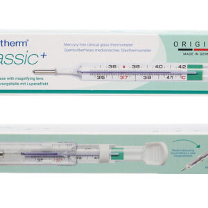 Termómetro Clínico de Vidrio sin Mercurio Geratherm Classic+ (GIMA 25532) | Galinstan, Estuche con Lente de Aumento y Expositor de 24 uds. – Multilingüe Europa Occidental