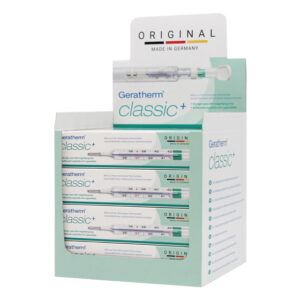 Termómetro Clínico de Vidrio sin Mercurio Geratherm Classic+ (GIMA 25532) | Galinstan, Estuche con Lente de Aumento y Expositor de 24 uds. – Multilingüe Europa Occidental