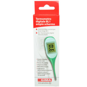 Termómetro digital clínico GIMA BL1 °C de pantalla amplia retroiluminada · Punta flexible e impermeable · Rango 32,0–42,9 °C · Ref. 25553