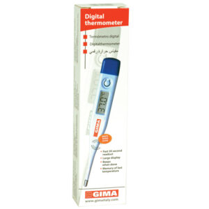 Termómetro digital clínico GIMA °C · Lectura en 30 segundos, rango 32,0–42,9 °C, precisión ±0,1 °C · Ref. 25559 · Expositor de mostrador de 36 uds.