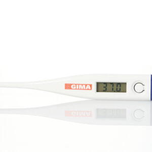 Termómetro digital clínico GIMA °C · Lectura en 60 segundos, rango 32,0–42,9 °C, precisión ±0,1 °C, memoria y avisador acústico · Ref. 25560 · Caja colgador