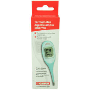 Termómetro digital clínico GIMA de pantalla amplia 27 x 22 mm · Punta flexible · Rango 32,0–42,9 °C, precisión ±0,1 °C · Ref. 25552 · Caja