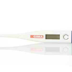Termómetro digital clínico GIMA °F · Lectura en 60 segundos, rango 89,6–107,6 °F, memoria y avisador acústico · Ref. 25561 · Caja colgador