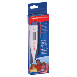 Termómetro digital clínico GIMA °F · Lectura en 60 segundos, rango 89,6–107,6 °F, memoria y avisador acústico · Ref. 25561 · Caja colgador