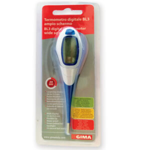 Termómetro Digital GIMA BL3 °C – Pantalla Amplia con Retroiluminación por Colores e Indicador de Fiebre, Punta Flexible e Impermeable – Ref. 25554 (GM25554) – Caja Colgante