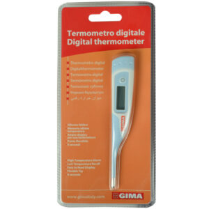 Termómetro Digital Instantáneo GIMA °C/°F – Punta Flexible e Impermeable, Alarma de Fiebre y Caja Colgante (Ref. 25556)