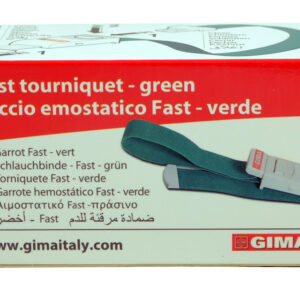 Torniquete hemostático FAST GIMA – Autoajustable con liberación rápida, 40,5 x 3 cm | Libre de látex azul claro, rojo y verde (Refs. 25726, 25727, 25728)